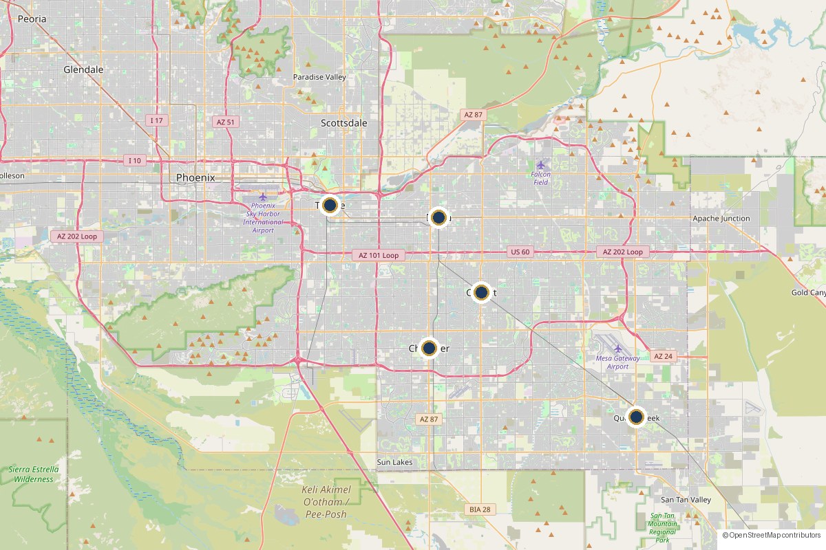Map of Arizona's East Valley with pins on Pia's service areas: Chandler, Gilbert, Mesa, Queen Creek and Tempe